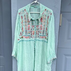 Johnny Was Light Green Embroidered Top